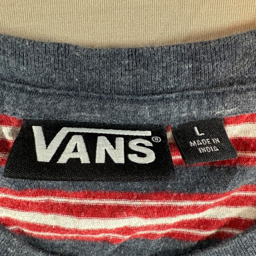 Vans Striped T Shirt Mens Size L Short Sleeve Pocket Tee Burgundy Gray White - Picture 3 of 6